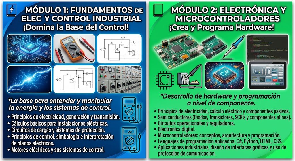 Programa visual de los módulos 1 y 2: fundamentos de electricidad y control industrial; electrónica y microcontroladores.