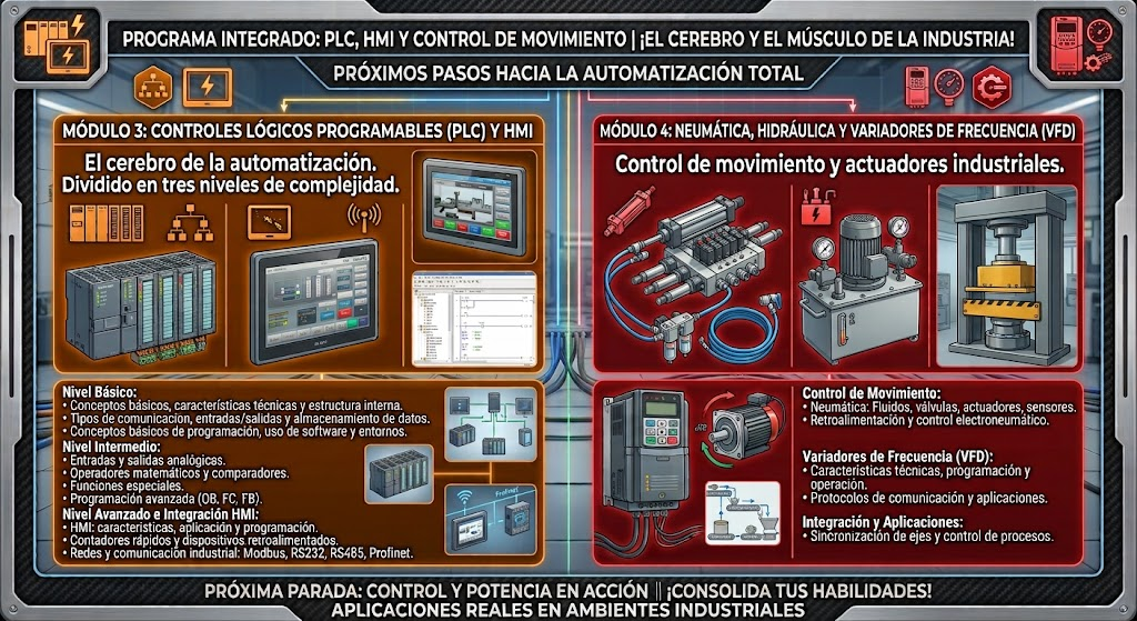 Programa visual de los módulos 3 y 4: PLC y HMI; neumática, hidráulica y variadores de frecuencia.