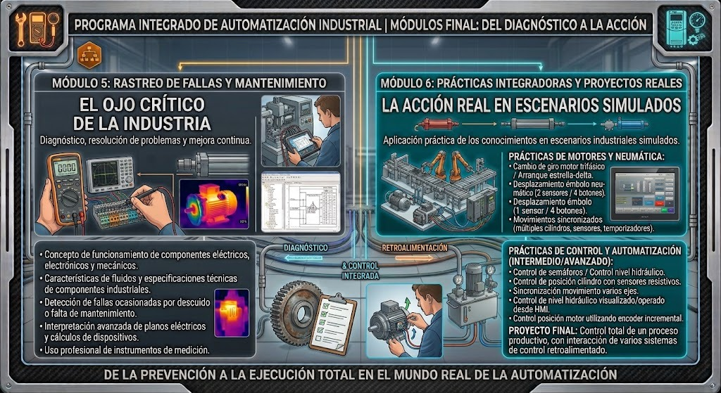 Programa visual de los módulos 5 y 6: rastreo de fallas y mantenimiento; prácticas integradoras y proyectos reales.